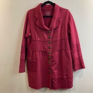 NEON BUDDHA Sz L Jersey Knit Wooden Buttons Raw Seams Collar Pockets Jacket